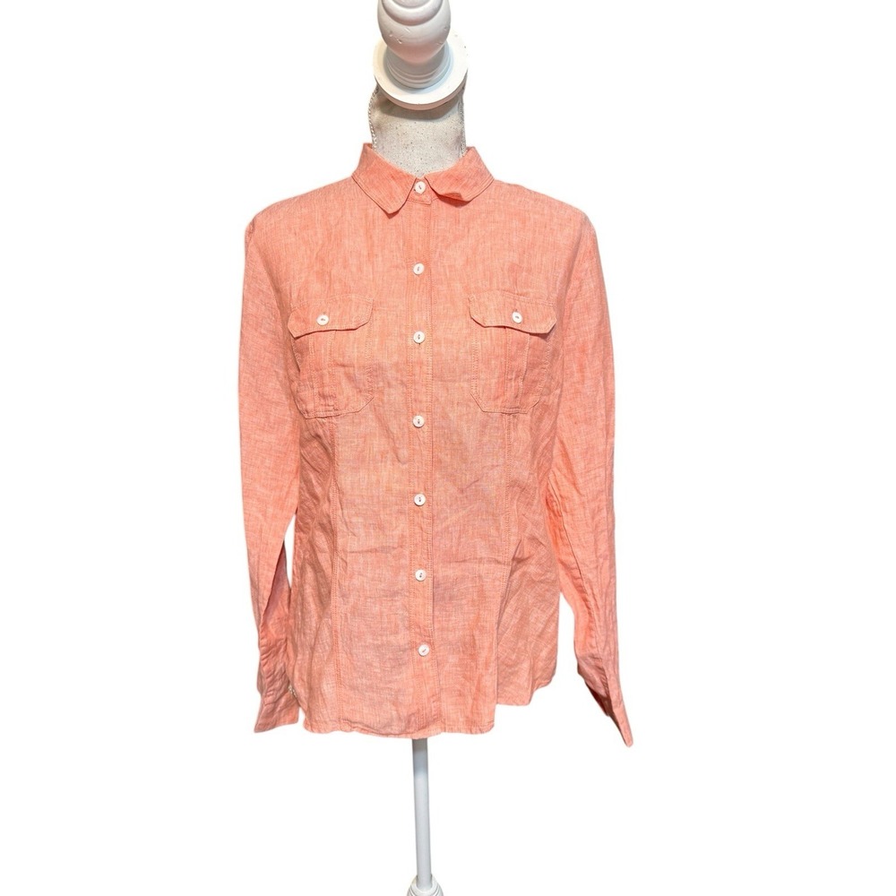 Saks Fifth Avenue Sz L Peach Pink Woven Chambray Linen Blouse Shirt Top‎